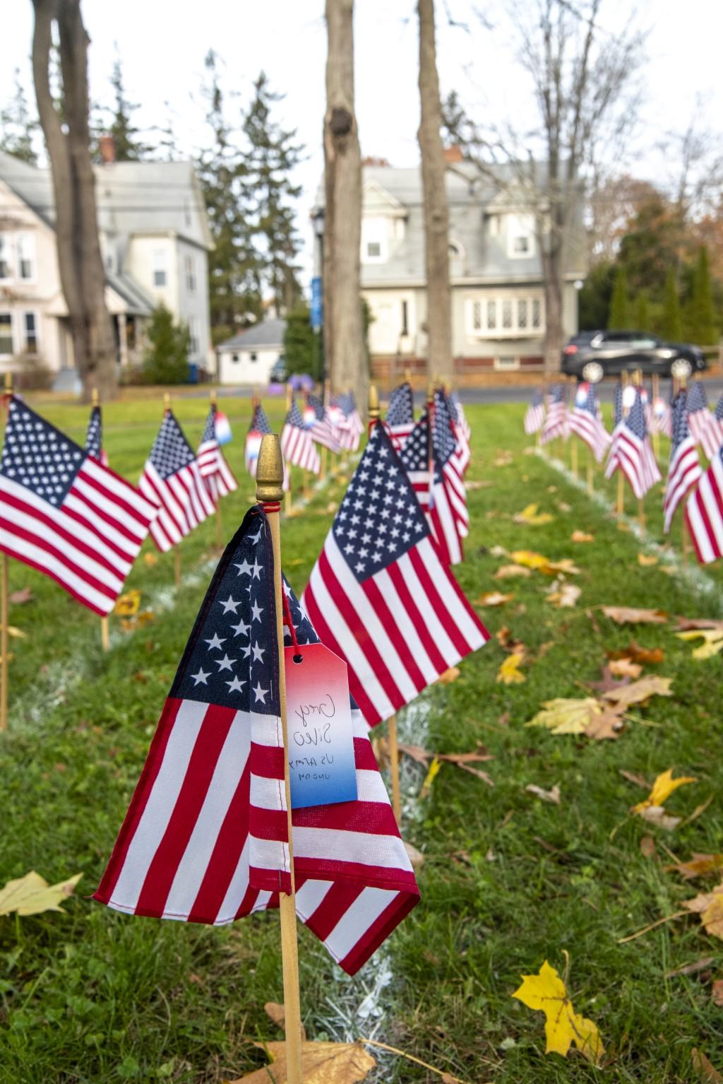 Small American flags are planted in rows on UNE's campus green in Portland in honors of Veterans Day
